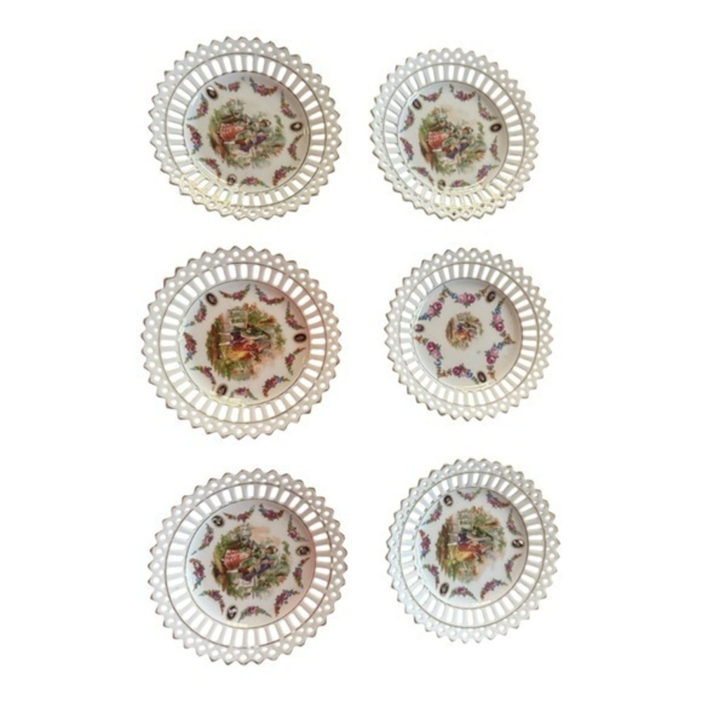 GERMANYโ PIERCED GOLD EDGES PORCELAIN VIENNESE MOTIF 6 PIECES PLATES COLLECTIBLE